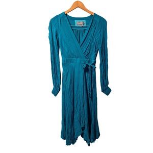 Anthropologie Faux Wrap Midi Dress Womens Size 2 Teal Long Sleeve Crinkle Boho